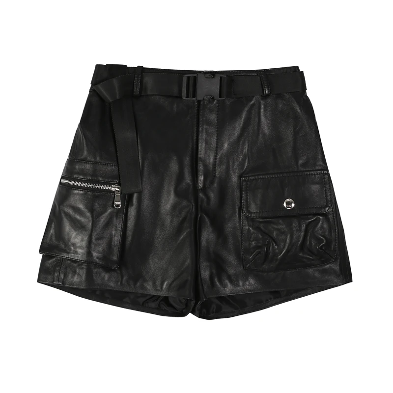 

Fashion Wide Leg Shorts Womens New Genuine Leather Sheepskin Pockets Korean Style Casual Elegant High Quality Vintage Shorts