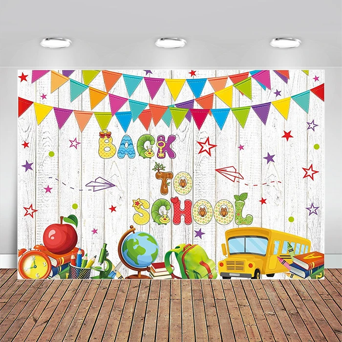 Back To School Photo Backdrop Party for Kids White Wood Background School Supplies Welcome Banner Kindergarten Pre K Photoshoot