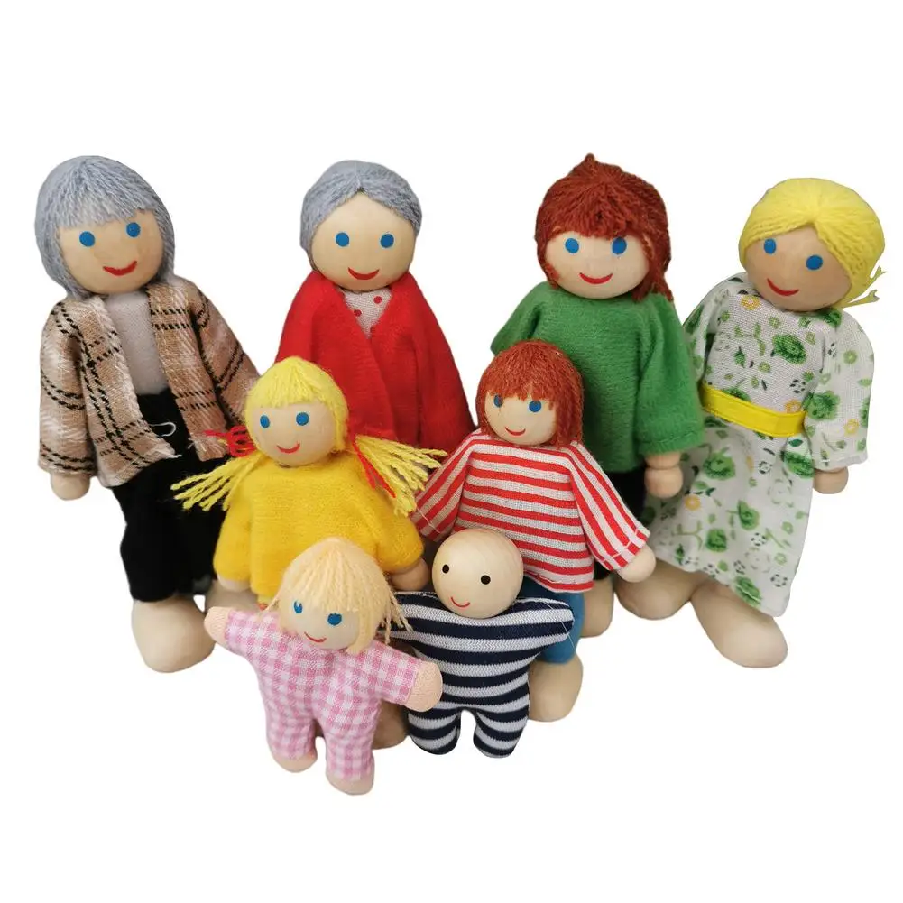 

Happy Doll Family Miniature 6 People Set Toy Wooden Jointed Dolls Children Muppet Pretend Toys Story-telling Dressed Characters