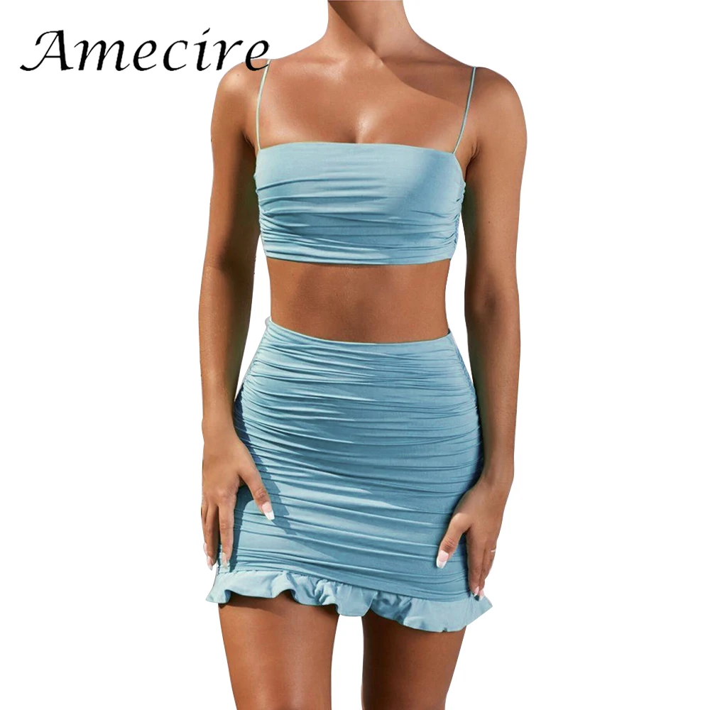 

Женская двухслойная базовая юбка Amecire из двух предметов, комплект из двух предметов, соблазнительная облегающая мини-юбка на бретельках с о...