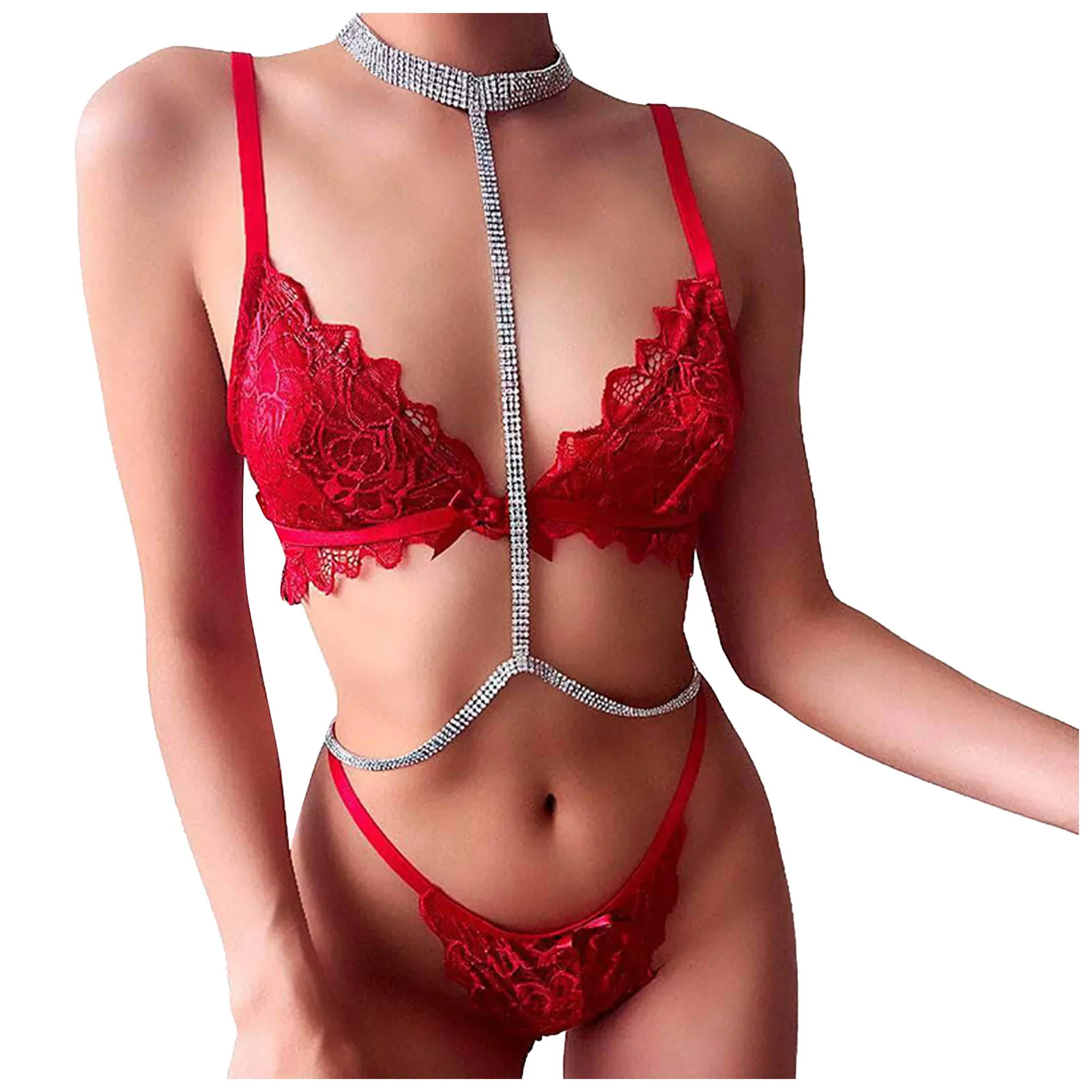 

Sexy Lace Lingerie Women's Erotic G String Thong Porno Bra Ladies Sets 3pcs Bowknot Panties Garters Underwear Costumes