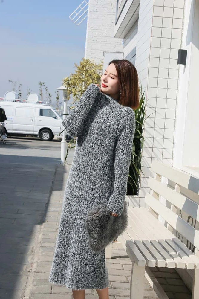 

New 2021 spring grey long sweater dress plus size female cloths A57