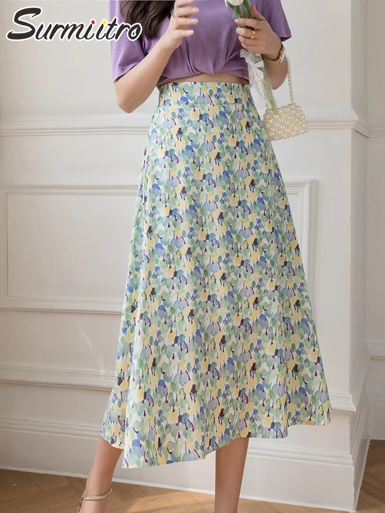 

SURMIITRO 2022 Весна Лето Корейская мода шифон зеленый цветочный принт женские миди длинные с высокой эластичной талией трапециевидная юбка женс...