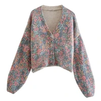 elmsk sweaters women high street knitted cardigans women england style floral printing single breasted knitted jacket winter