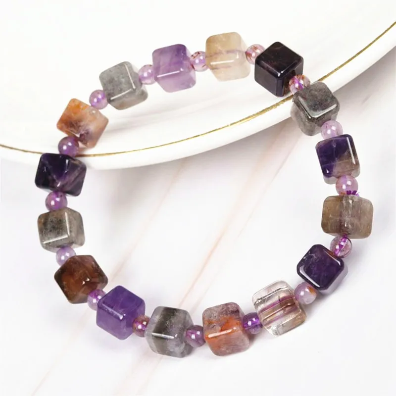 

Natural Cacoxenite Auralite 23 Bracelet Cube Beads 8x8mm Women Men Colorful Auralite 23 Canada Bracelet AAAAA