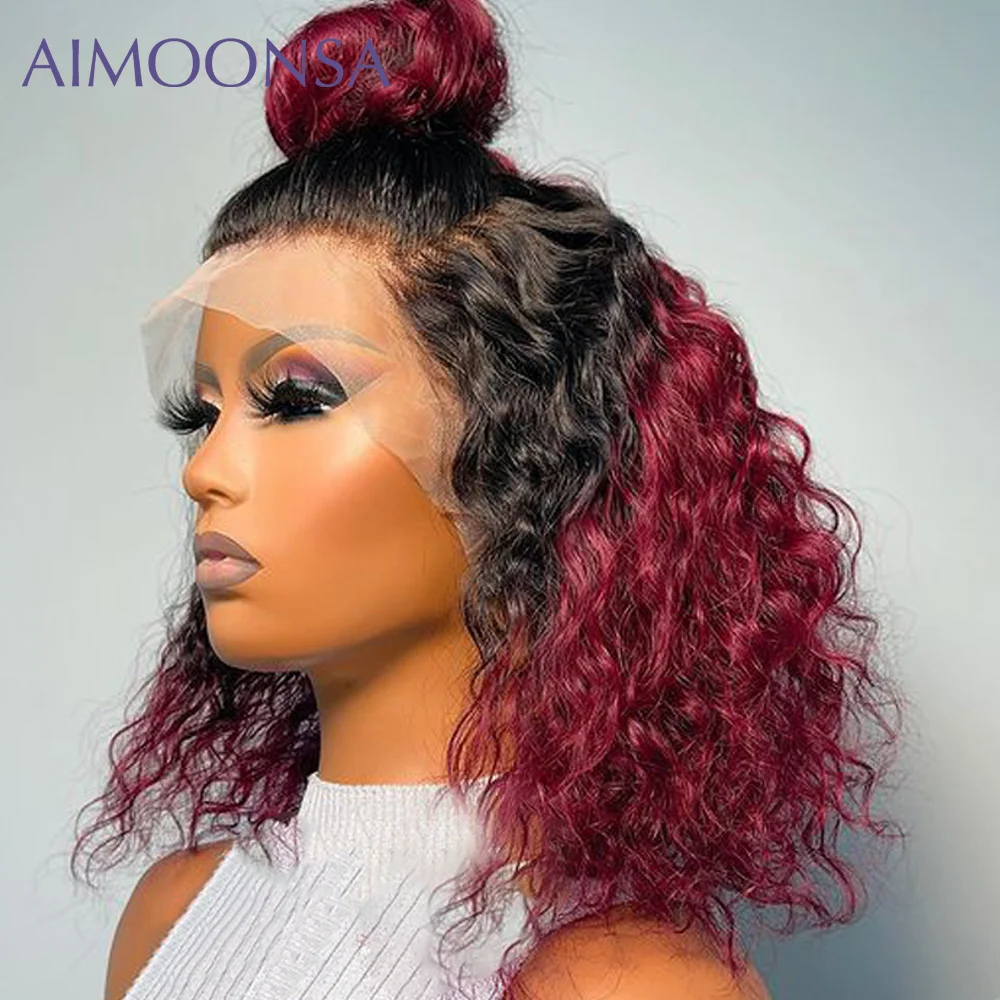 

Ombre Burgundy 99j Lace Front Wig 13x6 Transparent Lace Wigs Curly Human Hair Wig Short Bob 250 Density Lace Wig Brazilian Hair