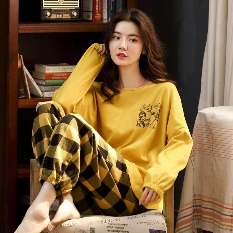 

Women Cotton Pajamas Set Cute Cartoon Homewear Home Clothes Lounge Wear Autumn Long Sleeve Female Sleepwear