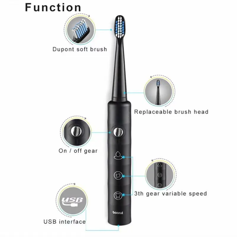 

Electric Sonic Toothbrush USB Rechargeable Adult Timer 3 Mode with 4Replacement Tooth Brush Heads Electric Toothbrush Holder