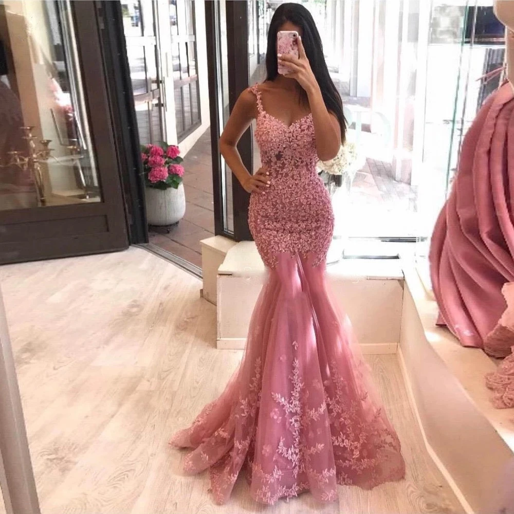 

Pink Mermaid / Trumpet Net/Tulle Spaghetti strap Sweep/Brush Floor length Applique Sleeveless Draped Evening Dresses