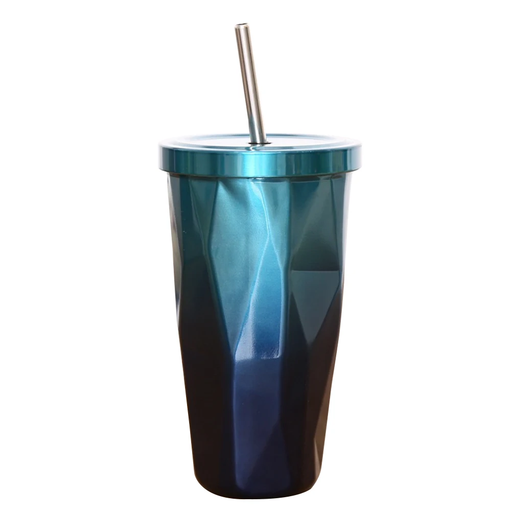 

Stainless Steel Cups and Mugs Double Wall Drinking Cups Tumbler with Straw Coffee Mugs 500ml Irregular Diamond with Lid