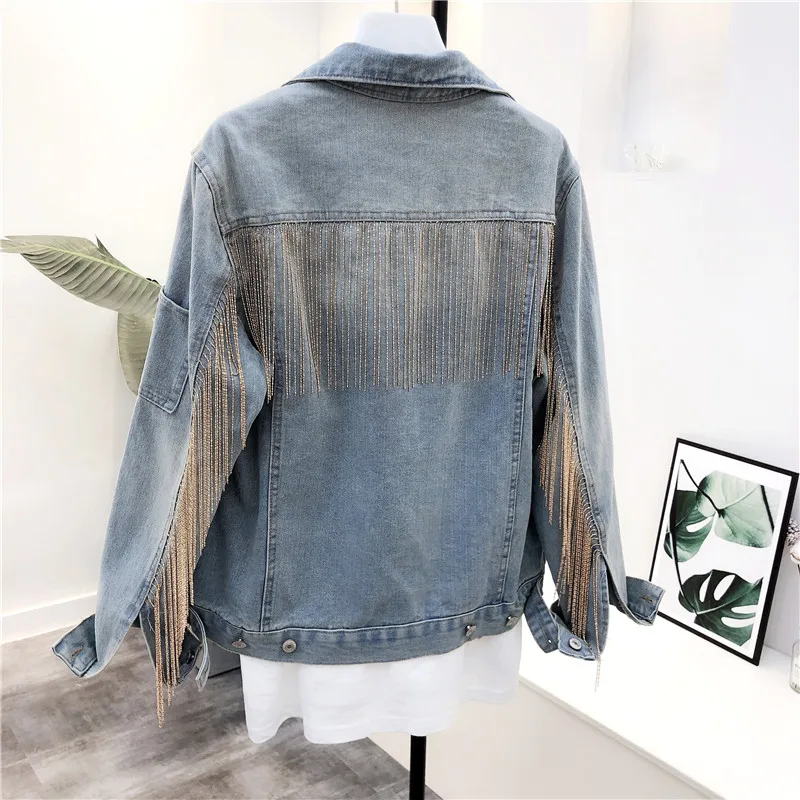 Европейская мода Chian Tassel джинсовая куртка пальто Женская Повседневная Свободная джинсовая куртка s верхняя одежда