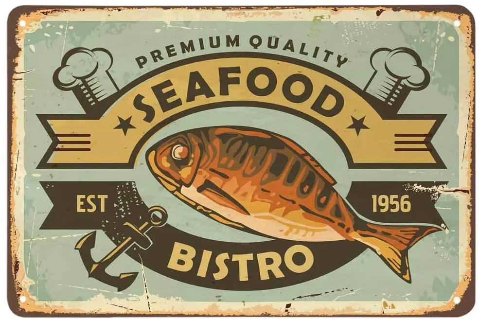 

Seafood Fish Tin Sign,Bistro Fish Hat Anchor Star Striped Chef Cuisine Delicious Restaurant Vintage Metal Tin Signs for Cafes
