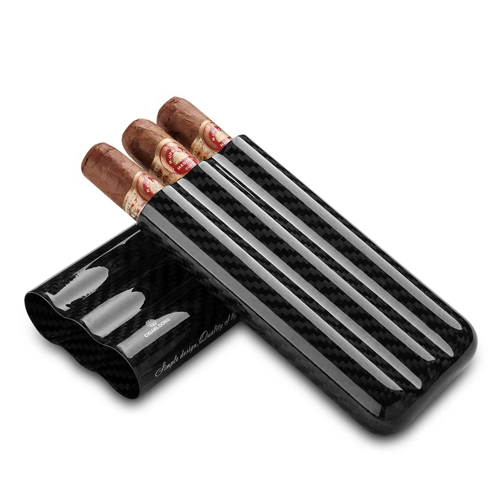

Black Carbon Fiber Gloss Cigar Case Box 3 Tubes Tobacco Holder Pocket Cigars Travel Humidor With Gift Box