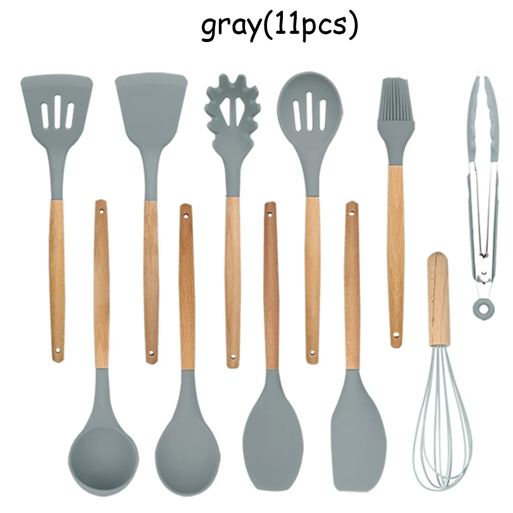 Grey 11Pcs 9/10 13 шт. антипригарная силиконовая кухонная утварь Пособия по кулинарии инструменты Кухня набор посуды с бамбуковыми ручками по Пособия по кулинарии инструмент не токсичный Кухня гаджеты - Цвет: Grey 11Pcs