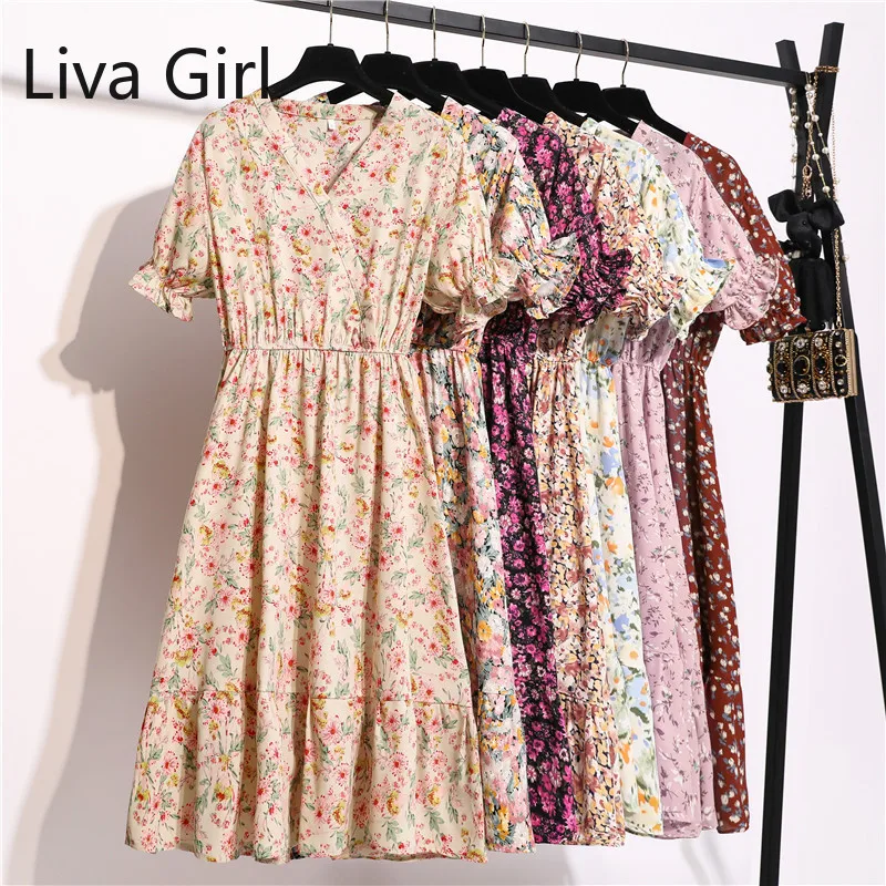 

Summer Dress Women Vintage Floral Printed Short Sleeve V-neck Chiffon Dress Elastic Waist Slim Breathable Fairy Dresses Casual