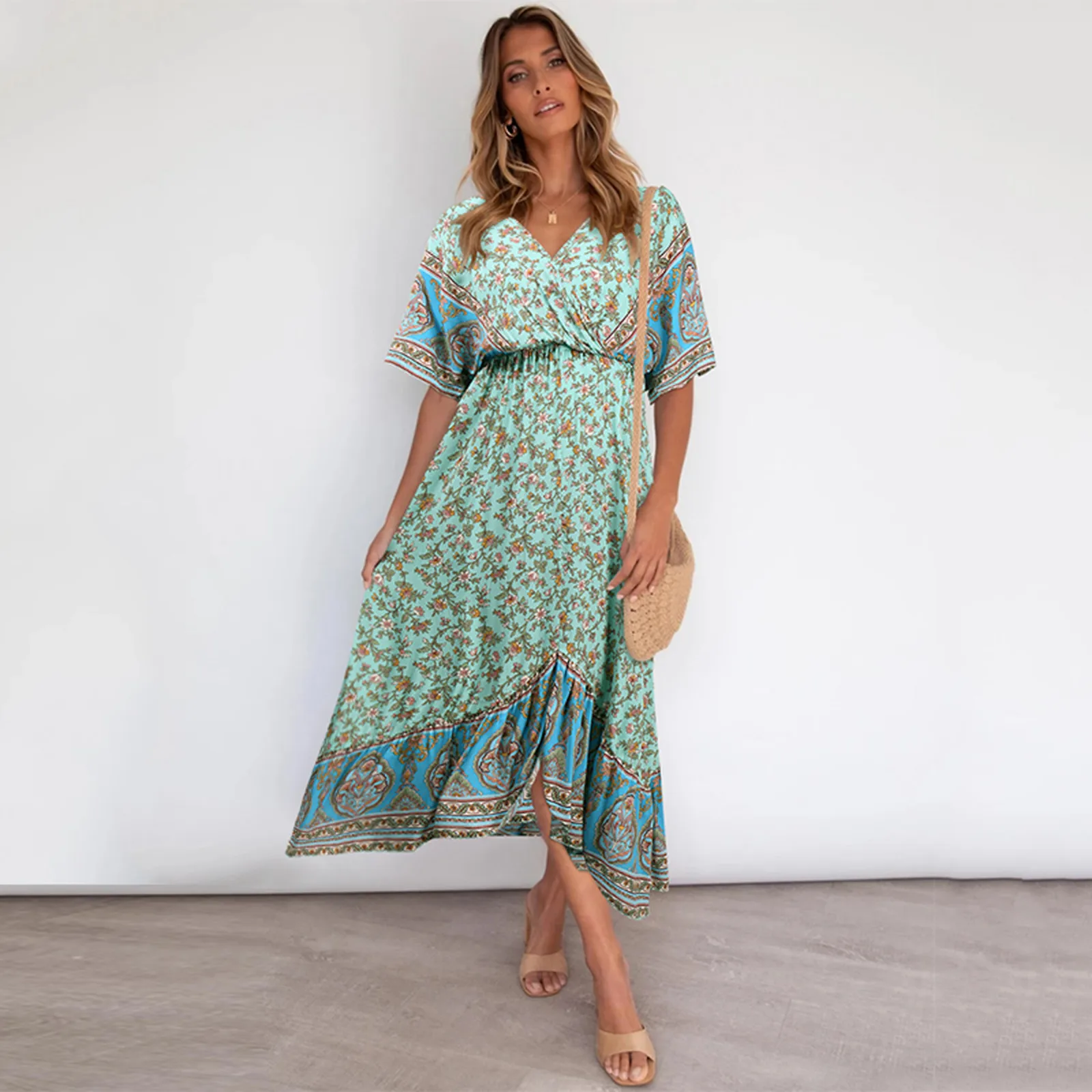 

Women Floral Print Dresses Chiffon Dress Vintage Short Sleeve Sexy V Neck Cocktail Party Beach Mini Dress Vestidos De Verano