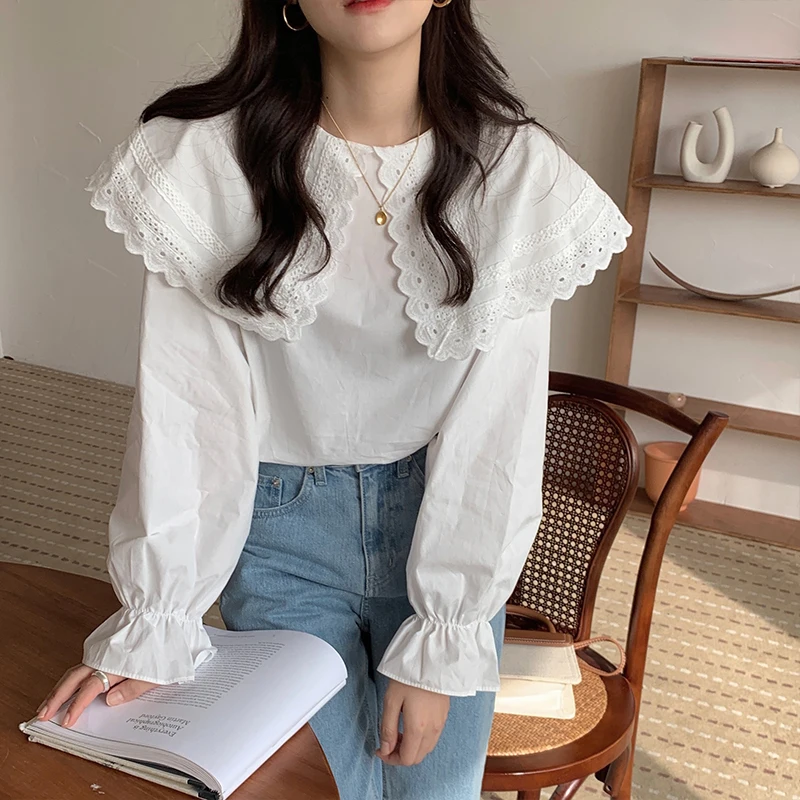 

Summer T-shirts Mujer Harajuku Lace Tees Top Polyester Women Clothes Casual Cropped Tops O-Neck Full Sleeves Blouse Femme