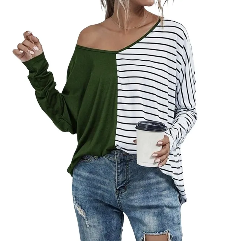 

Women Autumn Women V-neck Sleeves Striped Stitching Colored Casual T-shirt Top