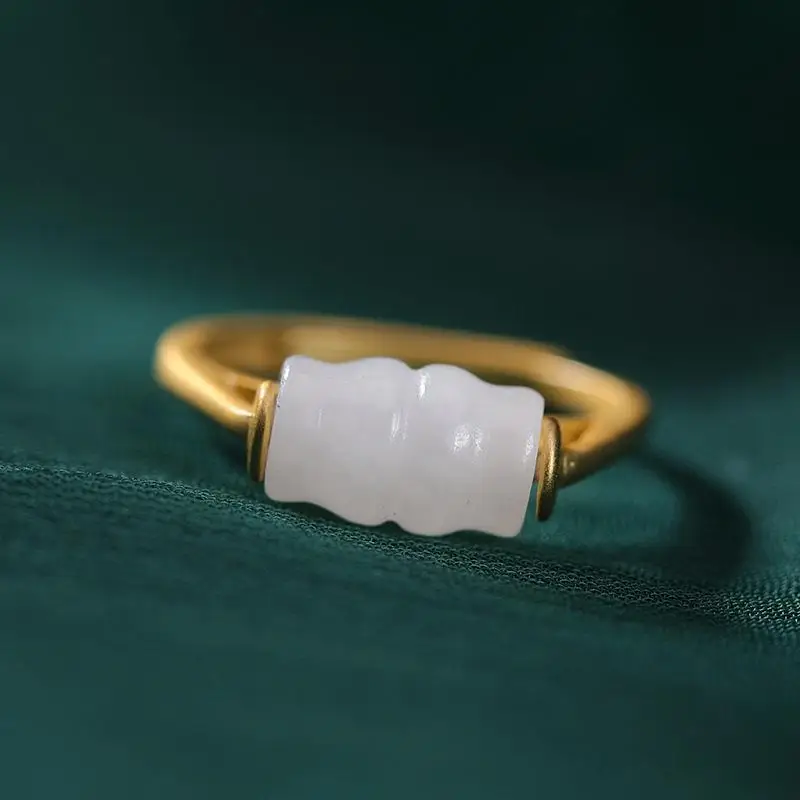 

Original S925 Sterling Silver Gold Retro Hetian Jade White Jade Ancient Style Han Chinese Clothing Cheongsam Match Opening Ring