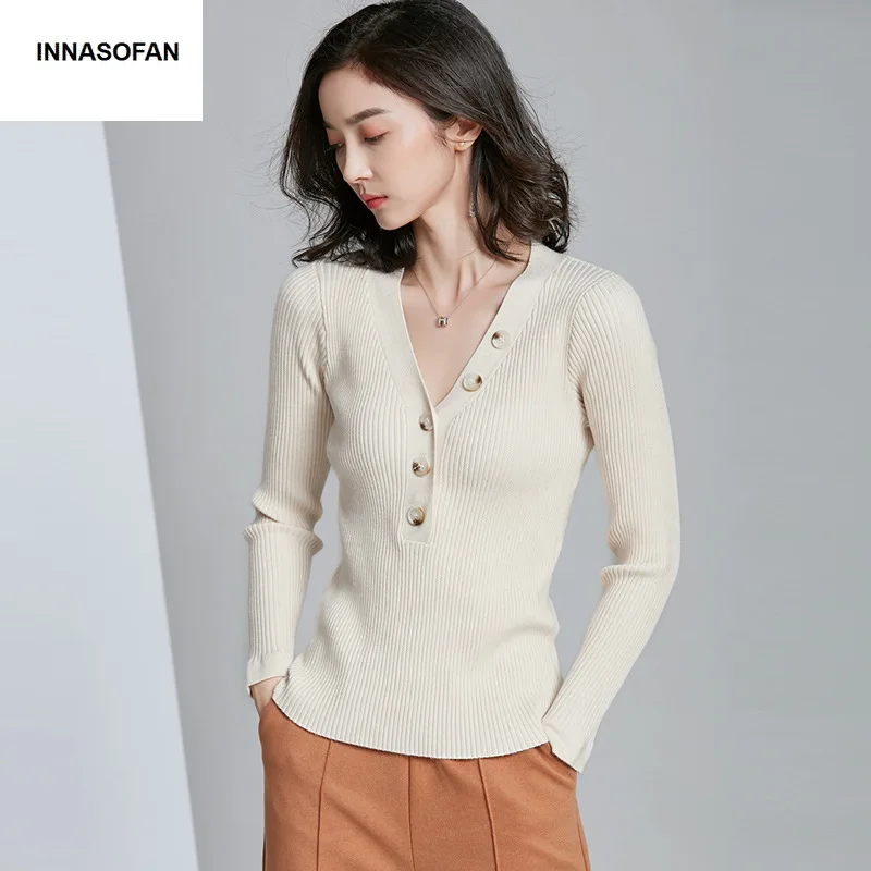 INNASOFAN sweater women Autumn Winter knitted long-sleeved Euro-American fashion elegant V-collar button | Женская одежда