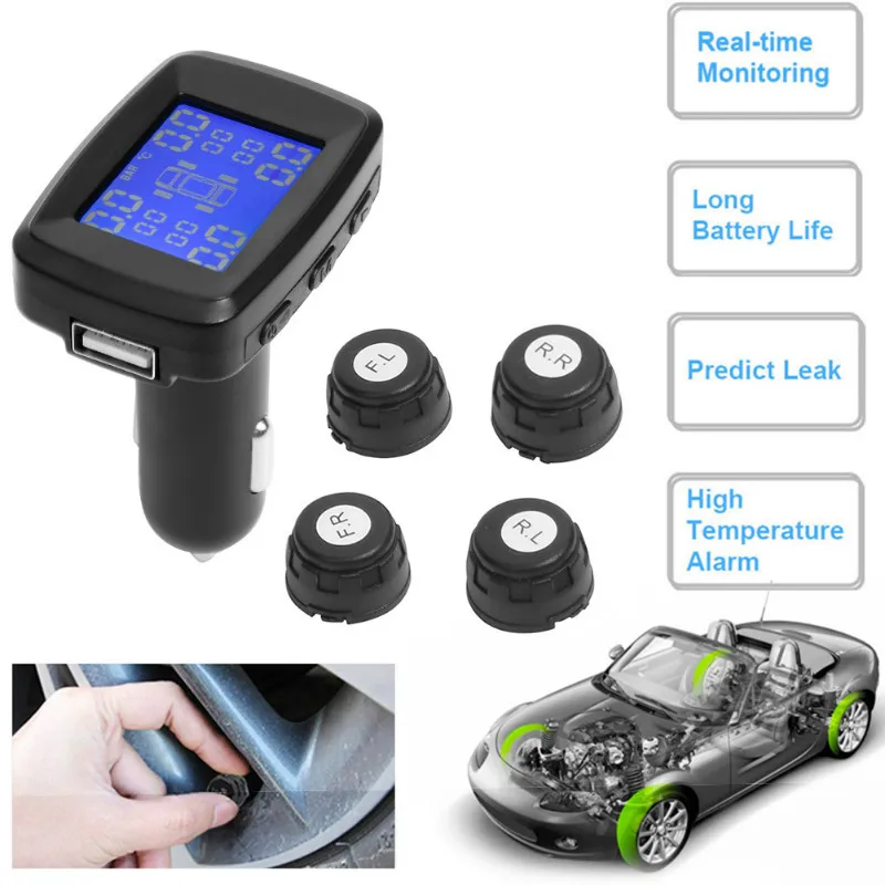 VODOOL автомобильный TPMS система контроля давления в шинах прикуриватель цифровой ЖК-дисплей сигнализация давления в шинах с USB Автомобильное зарядное устройство