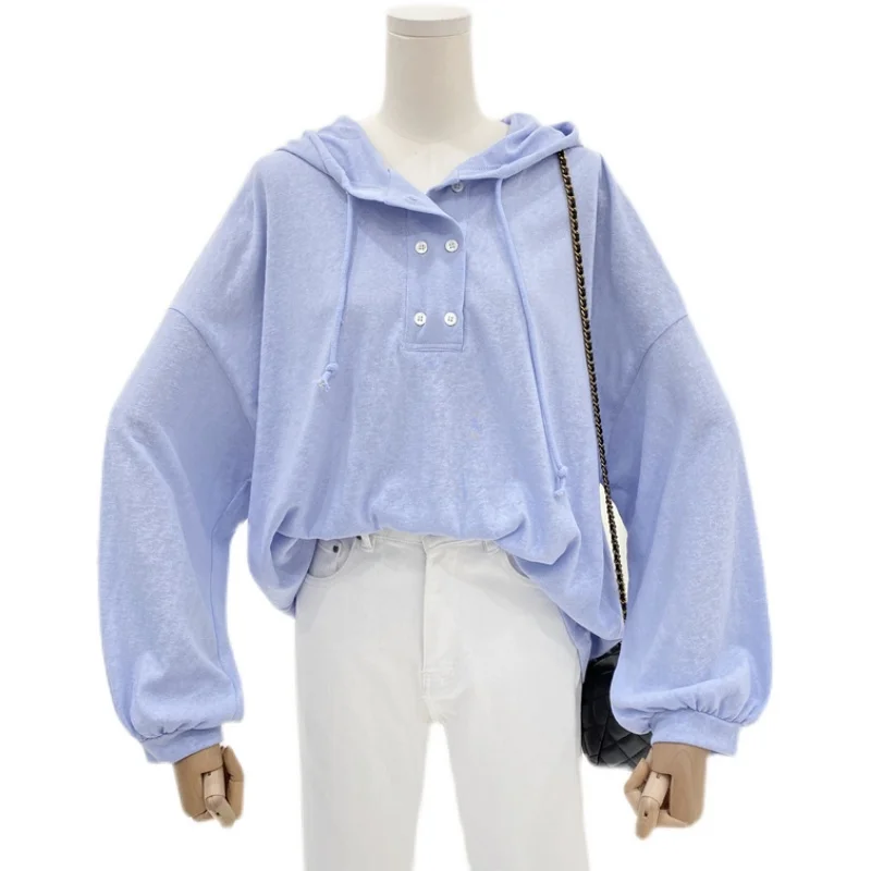 

2021 Spring and Summer New Long-Sleeved T-shirt Women's Korean Solid Color Loose Large Candy Color Thin Hooded Sweatshirt Top