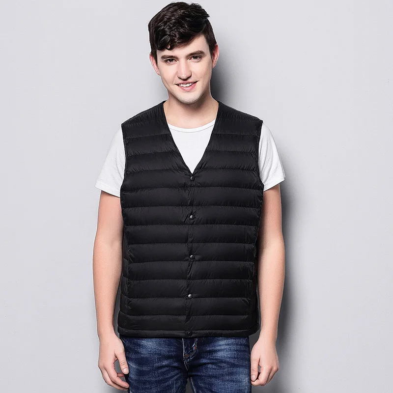 

Nice New Man Ultra Light Down Vest Spring Autumn Sleeveless V-Neck Vest Male Casual Winter Collarless Waistcoat Men