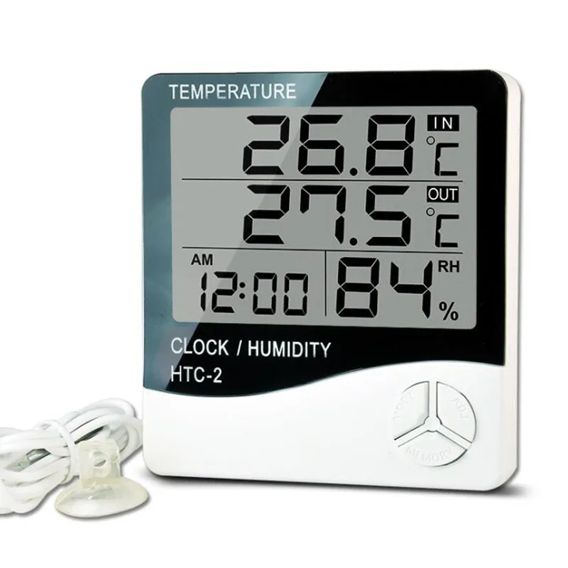 

LCD Digital Temperature Humidity Meter Indoor Outdoor Hygrometer Thermometer Weather Station With Clock HTC-2
