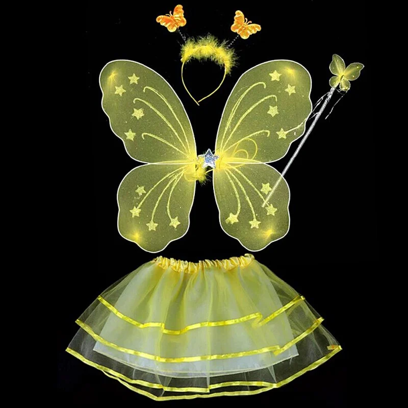 

4Pcs Colorful Kids Girls Fairy Princess Costume Sets Stage Wear Butterfly Wings Wand Headband Tutu Skirts