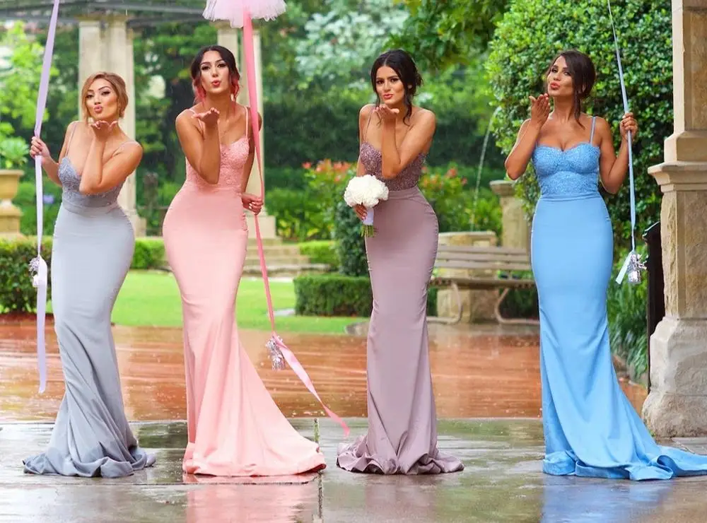 Spaghetti Strap Beaded Appliques Mermaid Girls The Maid of Honor Bridesmaid Dress Long | Dresses