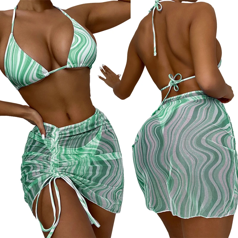 

Sexy pink print swimsuit 3 pieces mesh bikini set Triangle micro bikini String halter swimwear women Low waist bathing suit New