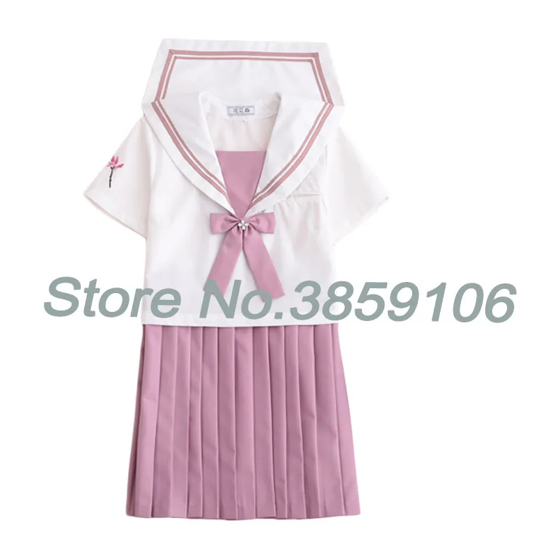 Short Sleeve Set UPHYD розовый цветок вышивка белая рубашка и розовая юбка костюмы студентов Косплей JK школьная форма для девочек Матросская форма наборы - Цвет: Short Sleeve Set