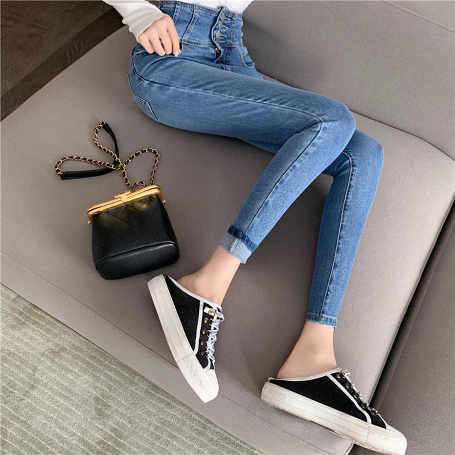 

Vintage Warm Fleece Jeans Women Skinny Breasted Button Up High Waist Stretch Pants Trousers Chic Black Jeans Pants Plus
