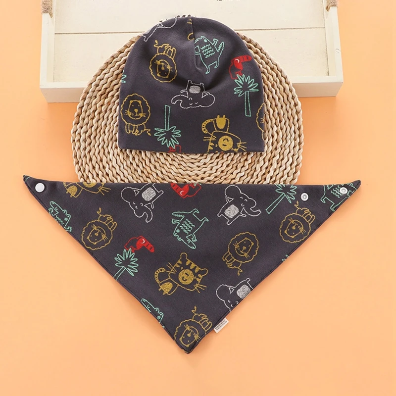 

T5EC Children Hat and Bib 2 Pcs/Set Warm Combed Cotton Printing Baby Kid Bib Hat Set