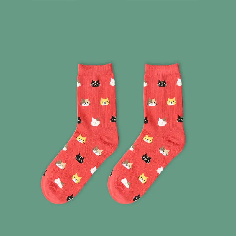 Модные осенние теплые женские носки с милым принтом кошки хлопковые