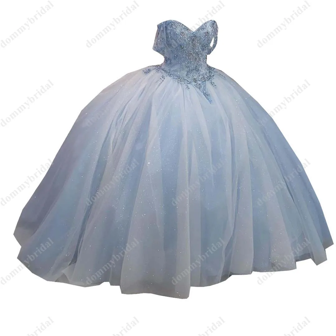 

Скромное детское синее бальное платье, платья для Quinceanera, дешевые длинные платья с открытыми плечами и рукавами, с кристаллами, стразы, топ, п...