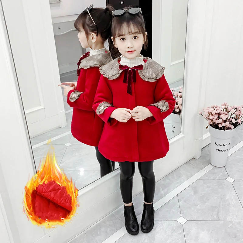 

Girls Baby's Kids Coat Jacket 2021 Red Bow Warm Thicken Plus Velvet Winter Autumn Buttons Lamb Woolen Children's Clothes