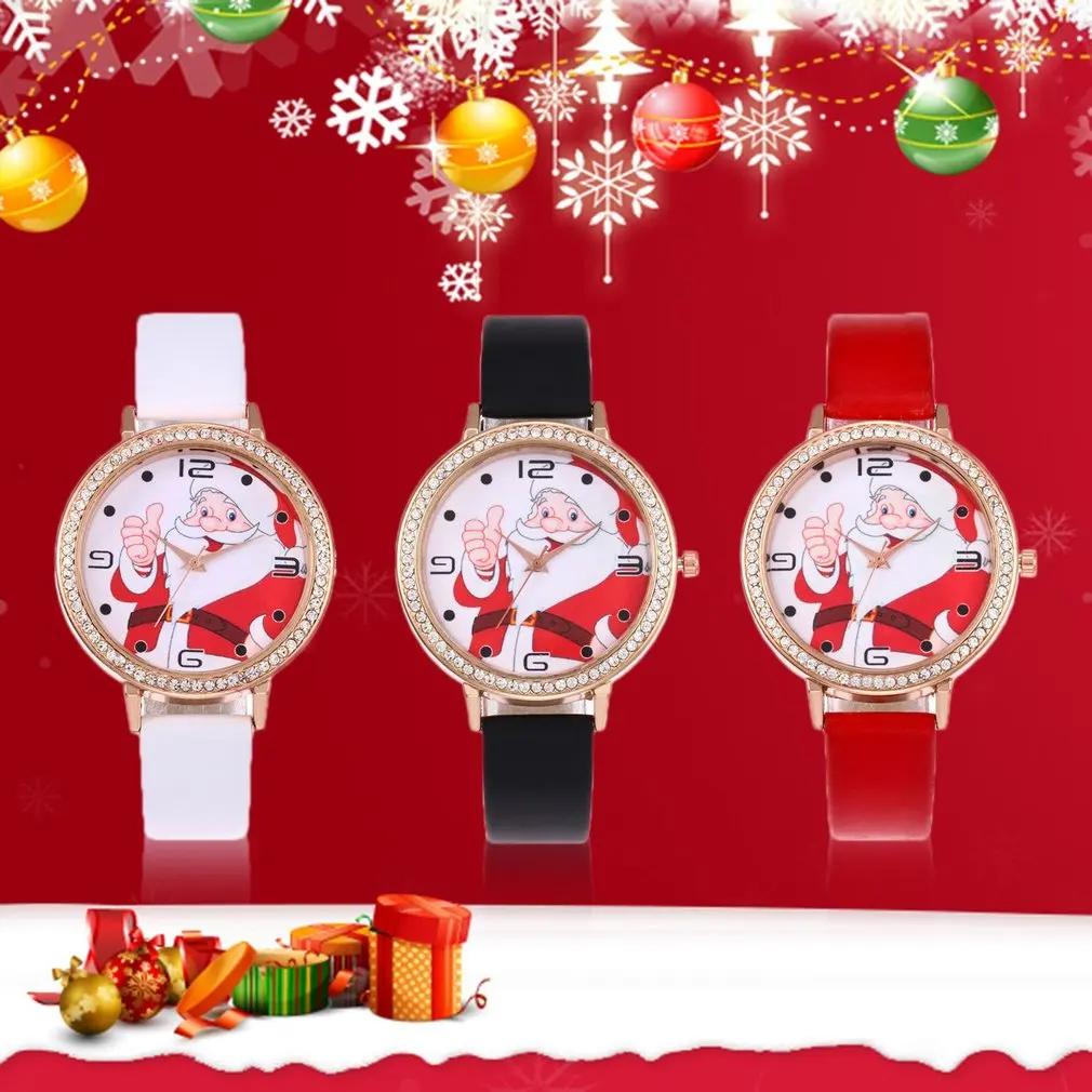 Милые кварцевые наручные часы с изображением Санта Клауса украшенные стразами