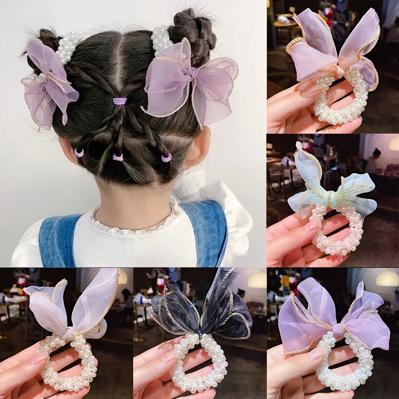 

1 шт. Милая сетчатая пряжа для девочек с жемчугом и бантом, Детская резинка для хвоста, головной убор, повязка на голову, аксессуары для волос