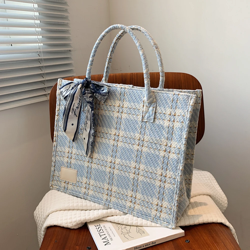 

High Capacity Plaid Pattern Woolen Women Shoulder Bags Luxury Trendy Casual Handbags Ladies Big Totes Silk Scarf Design Handbags
