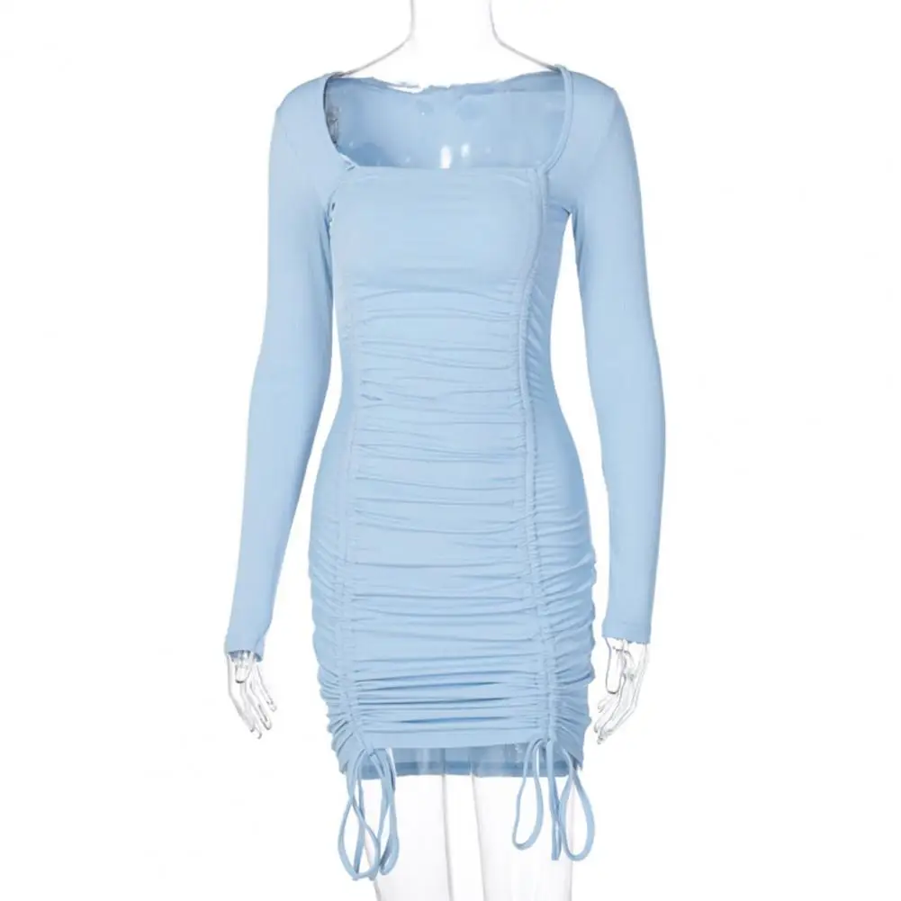 

Women Solid Color Long Sleeve Square Neck Drawstring Ruched Mini Bodycon Dress
