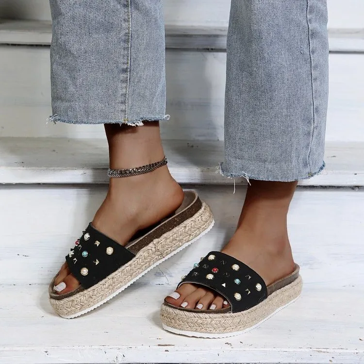 

Embellishment Trendy Thick-soled Home Women's Slippers Fashionable and Versatile Simple Vamp Rhinestones Rivets Shoes Sandals