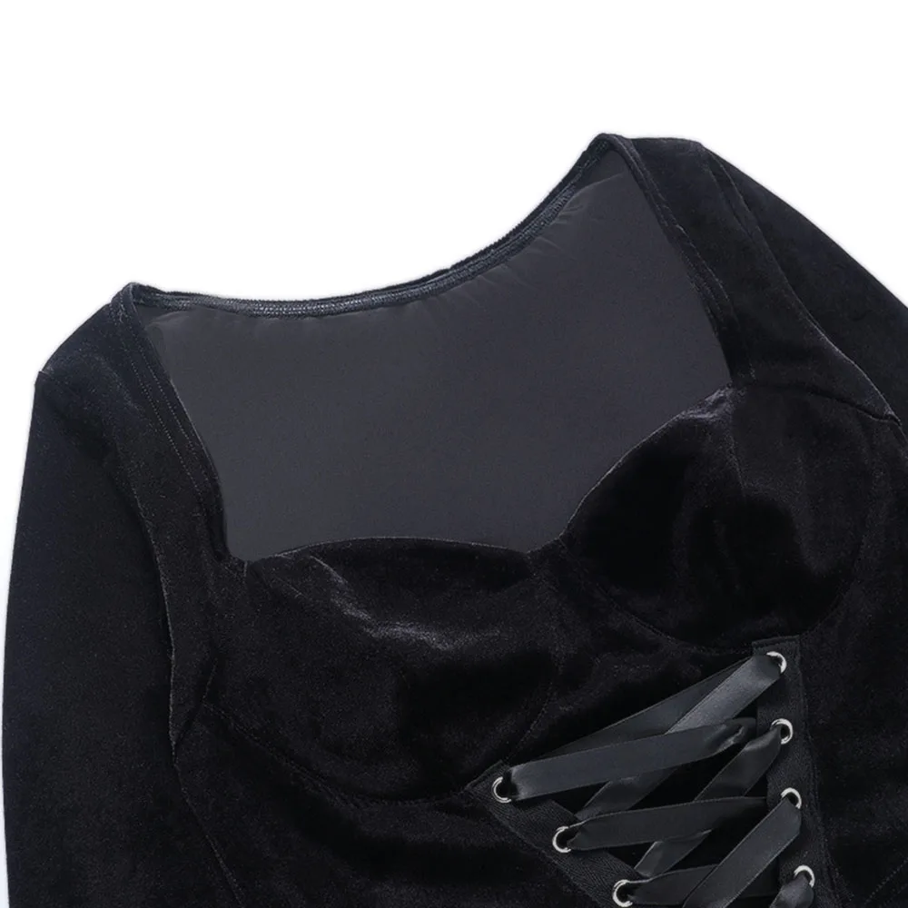 Retro Darkness Fashion Women T Shirt Long Sleeve Solid Color Punk Black Pullover Slim Square Collar Spring Fall Sexy Ladies Tops | Женская