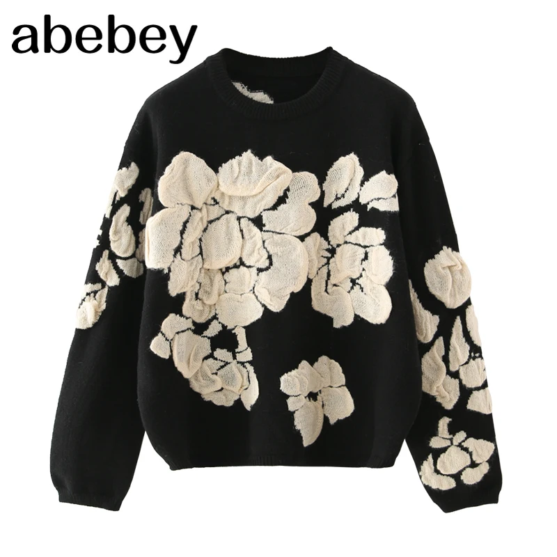 

2022 Autumn Winter Floral Print Sweater Women Knitted Pullover Femme Sweaters High Quality Knitted Oversize black Sweater Jumper