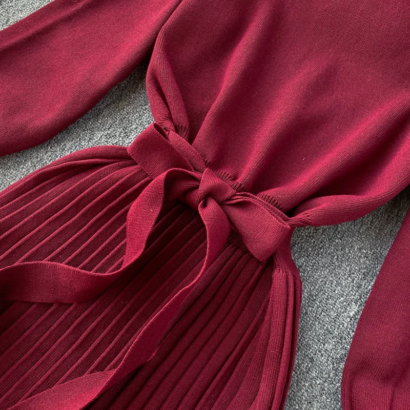 Женское плиссированное платье-свитер с поясом элегантное винтажное длинное