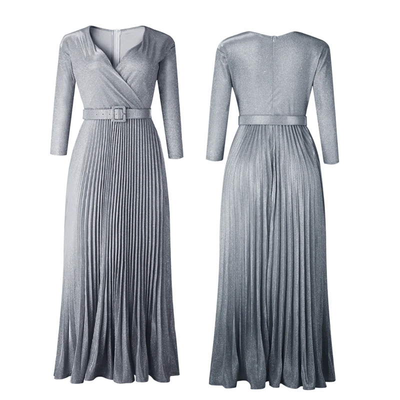 New Elegant Woman Gold Stamping African Dashiki Office Lady Fashion Pleated Evening Dress with Belt Long Sleeve Party Maxi - Цвет: Silver