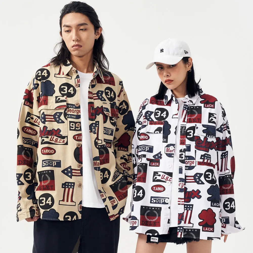 LINDSEY SEADER Creative Prints Long Sleeve Shirts Men Hip Hop Thick Dress Shirt Streetwear Hipster Fashion Casual Pockets | Мужская