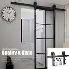 Подвесная направляющая для двери сарая, винтажная фурнитура черного цвета 200 см, для шкафа, деревянной двери, комплект направляющих