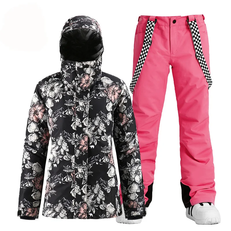 Модные чёрные цветы с защитой от снега костюм Одежда для катания на сноуборде