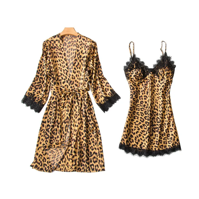 

Women's Summer Leopard Pajamas Fashion Temperament Suspender Skirt + Cardigan Two-Piece Nightdress Sexy Lace Ladies Pajamas A220